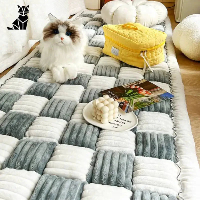 Chat douillet sur un lit avec couverture et housse de canapé à carreaux crème : Style et protection