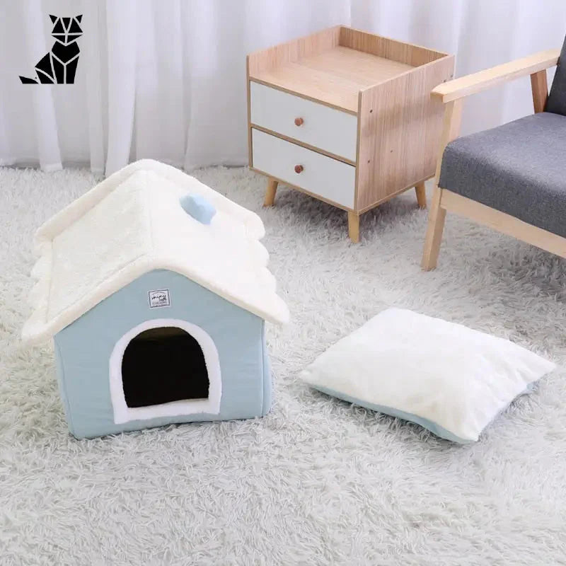 Niche en velours pour chien - Espace privé pour chiens, chats et lapins avec couverture blanche et lit bleu pour chien