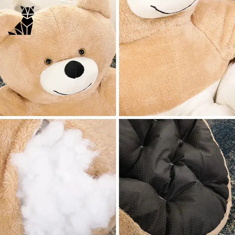 Ours en peluche avec écusson noir et blanc sur le dos dans un nid d’hiver doux pour chiens lit dours câlin